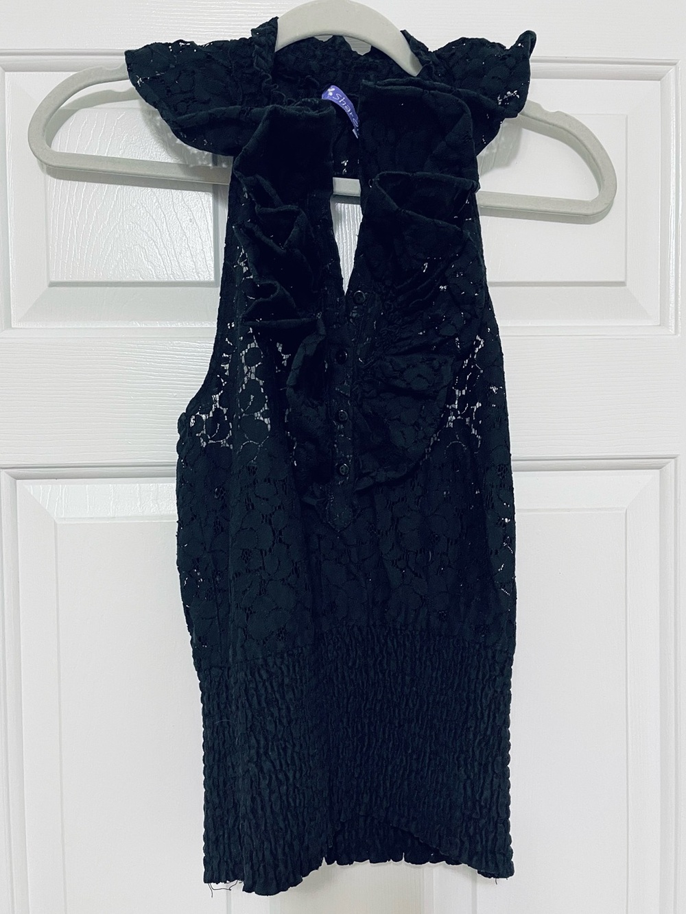Sharon black lace ruffle smocked waist open back front button top size S
